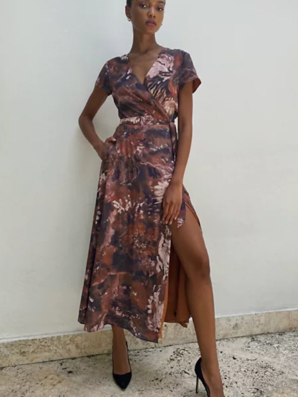 Aritzia | BABATON - Midi Slip Wrap Dress Multi/Brown | XXS | Womens, pockets